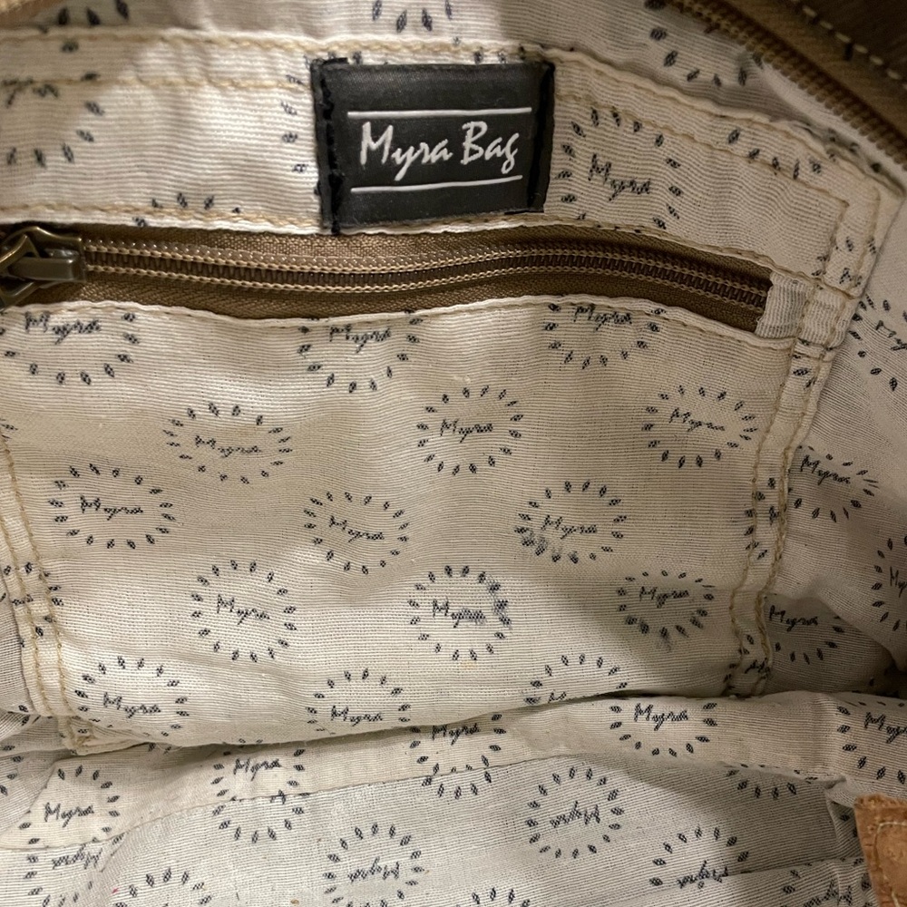 Myra Bag Beach Palm Upcycled Canvas Cowhide Leather Natural Colors Tote - Picture 6 of 8